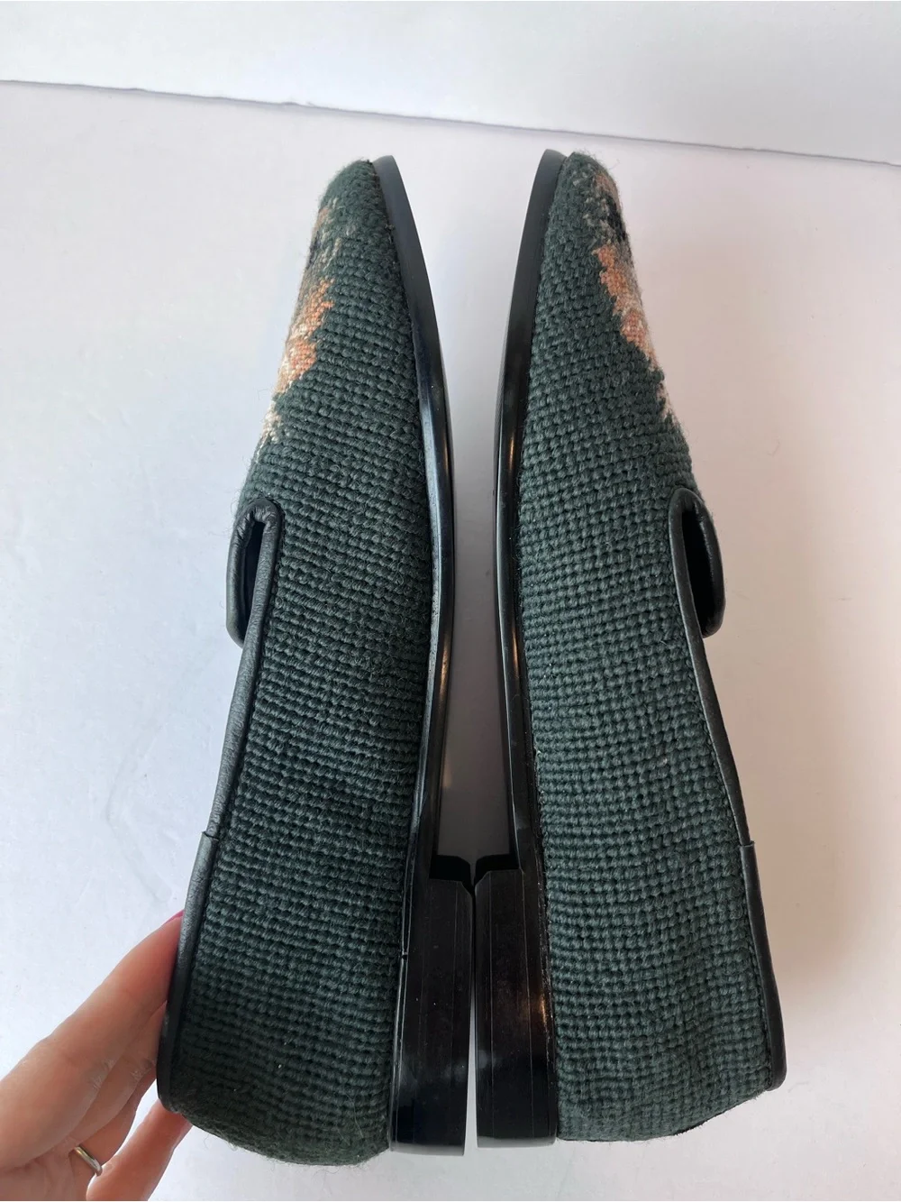 Vintage Needlepoint Yorkshire Terrier Dog Loafers Green Flats